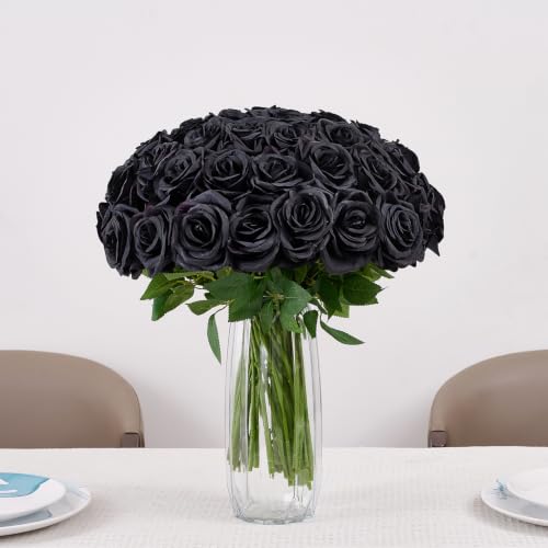 50pcs Black Roses Artificial Flowers Bulk Fake Roses Silk Flower with Stems Realistic Flowers for Wedding Centerpiece Party Birthday Decor - color: Black