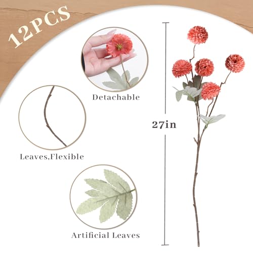 INQCMY Artificial Flowers 12 Pcs Fake Chrysanthemums Orange Faux Kiku Flower Long Stem 20" Realistic Silk Pompon Fall Mums for Vase Wedding Bouquets Centerpieces Home Decor - color: Deep Orange