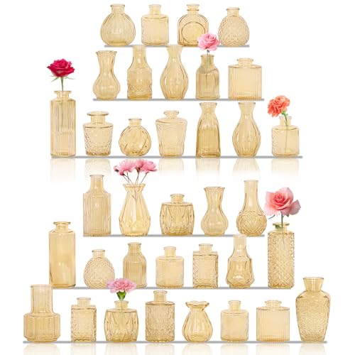 36Pcs Bud Vases Set Small Vintage Glass Bottles Bud Vases in Bulk Multiple Shape Cute Glass Vases for Rustic Wedding Centerpieces Table Decorations and Home Decor (Champagne) - color: Champagne