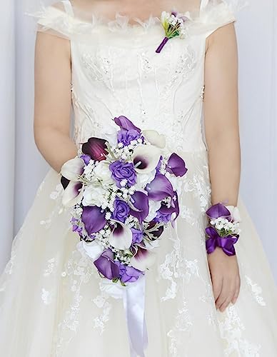 Jackcsale White & Purple Calla Lily Waterfall Wedding Bouquet - Cascading Flowers for Ceremony, Anniversary, Bridal Shower, Rustic Vintage Wedding - color: White Purple Calla Lily Bouquet B