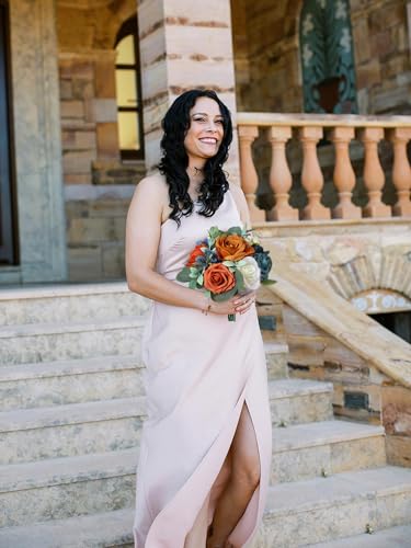 Rinlong Navy Terracotta Bridesmaid Bouquet, Fall Wedding Bouquets | Bridal Bouquet, Prom, Homecoming, Wedding, Destination Friendly - color: 07-blue & Burnt Orange