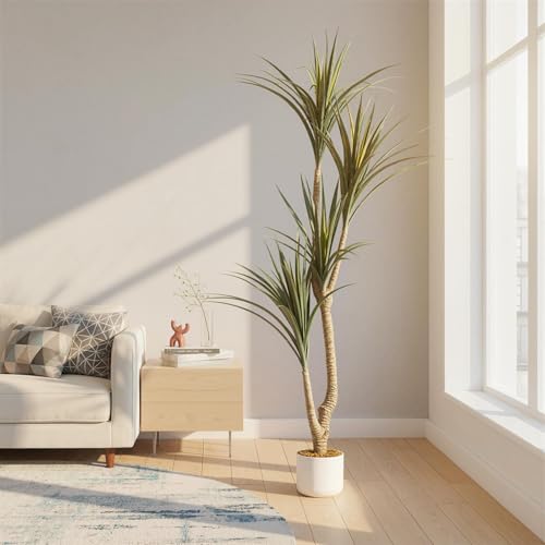 5.4FT Tall Artificial Dracaena Tree in White Pot, Evergreen Faux Dragon Yucca Plant Tree, 65in Tall Indoor Fake Yucca Tree Decorative Potted Floor Plant, for Living Room Entryway Porch Office