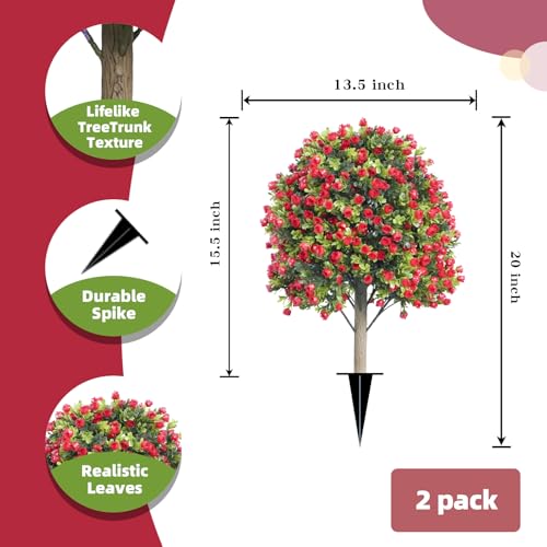 Artificial Red Rose Topiary Ball Tree with Ground Spike, 2 Set of UV Resistant Fake Boxwood Bushes, Fake Evergreen Faux Plant for Indoor Outdoor Porch Garden UV Resistant Fade Proof - color: Rose, size: with Ground Spike