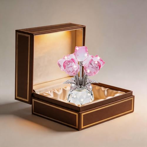 TWINKLING Crystal Roses Figurine with Round Vase, Glass Rose Crystal Flowers Bouquet, Birthday, Anniversary,Wedding, Home Décor,Gold Leaf (Red) - color: Red(gold Leaf)