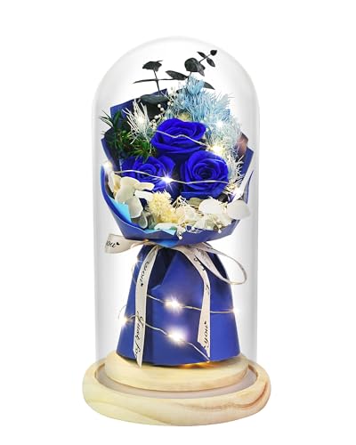 HVY Preserved Real Flowers Bouquet Gifts for Her,Forever Flowers Gift for Women,Preserved Blue Rose in Glass Dome with LED Light Ideal for Christmas,Birthday,Anniversary,Valentine's Day, Mother's Day - color: Blue Rose