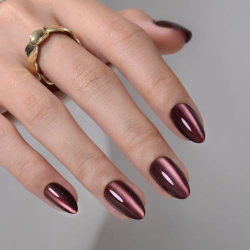 32Pcs Soft Gel Press on Nails for Women, Brown Cateye, Short Almond | Magnetic Glass Cat Eye False Fake Nails Press Ons for Office Daily Wear, Salon Quality Reusable Glue & Stick on Nail Gift Kit - color: 1A-Brown Cateye