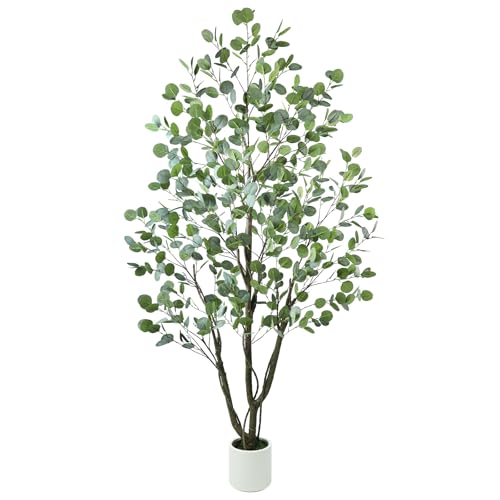 Caxchiling Artificial Eucalyptus Tree 6FT, Fake Tree for Indoor Outdoor, Lifelike Faux Large Floor Plants with Heavy Trunk with Vines and Moss Topper, Home Office Decor for Living Room Bedroom Doorway - color: Eucalyptus, size: 6ft