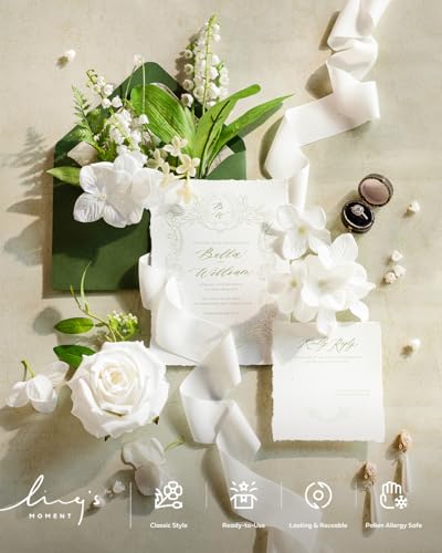 Ling's moment Fake Flowers Box, Artificial Faux Greenery Stems Silk Roses Foam Berries for Wedding Bouquets Centerpieces Decorations Backyard Floral Arrangement, White & Olive Green, Mini Combo - color: White & Olive Green