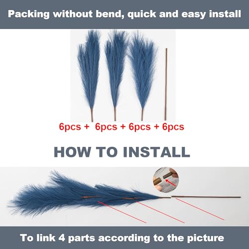 6 Stem Blue Pampas Grass Tall 43",Large Faux Pampas Grass Artificial Feathers Bulk for Boho Home Wedding Decor,Decorations for Living Room