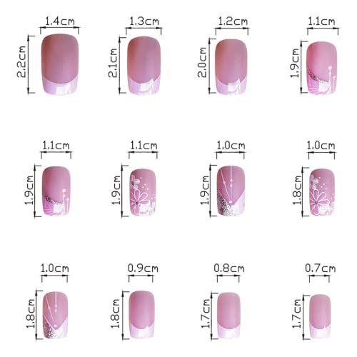 24Pcs Pink French Tip Press on Nails Short Square Fake Nails Spring Cherry Blossoms with Line Design Nude Pink False Nails Stick on Nails Full Cover Artificial Glue on Nails for Women DIY Manicure