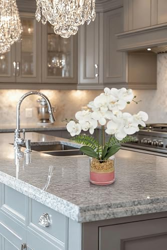 Oairse White Orchids Artificial Flowers with Vase Faux Orchids Plant in Pot | 17.7" Phalaenopsis Orchid Flower Arrangements White Centerpiece for Kitchen Dining Room Table Bathroom Shelf Desk Decor - color: White Orchid & Pink Sand