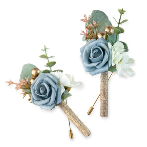 Boutonniere for Men Wedding, Groom Groomsman Artificial Rose Flowers for Wedding Anniversary Celebration,Prom,Party,Home Decoration Set of 2 (Dusty Blue) - color: Dusty Blue