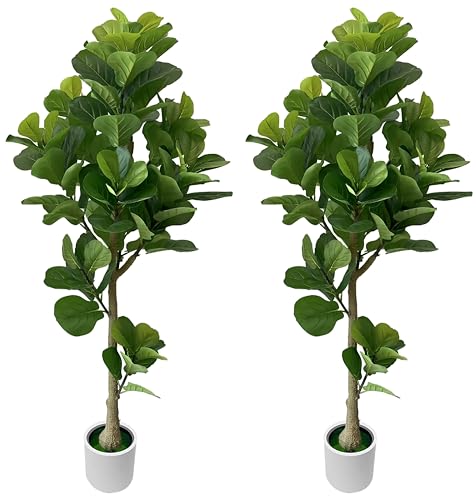 5.6FT Artificial Fiddle Leaf Fig Tree with White Pot, 2 Pack Faux Plant Indoor Outdoor Fake Tree for Home, Office, Living Room Decoration - size: 5.6ft