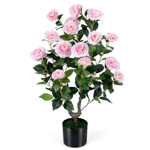Goplus 35.5’’ Artificial Camellia Tree, Flower Plants Artificial Tree, Faux Floral Plant Blooming Tree in Cement Pot, Greenery Potted Plant for Indoor Outdoor Office Home Porch Decor - color: Pink, size: 2ft 11in