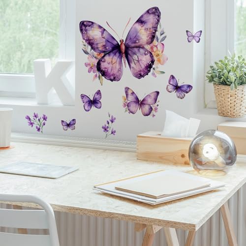 Purple Butterfly Wall Decals Removable Purple Butterflies with Flowers Wall Stickers Peel and Stick Vinyl Butterfly Art Wall Decor for Living Room Bedroom Nursery Bathroom Classroom Decorations - style: Purple Butterfly
