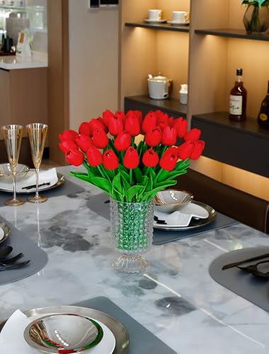 36 Pcs Tulips Artificial Flowers, 13 Inches Real Touch PU Fake Tulips for Wedding Bouquets, Home Decor - color: Red