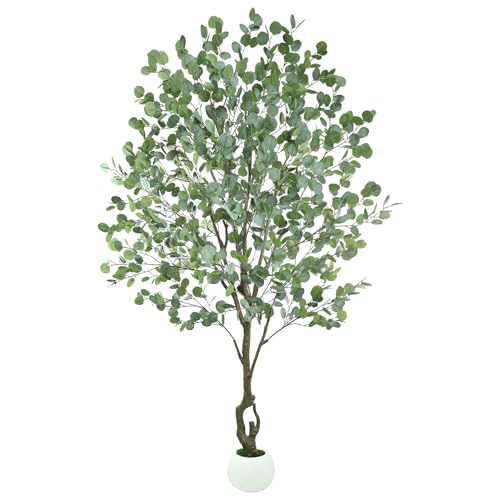 Caxchiling Large Artificial Eucalyptus Tree 7FT, Fake Tree for Indoor Outdoor, Lifelike Tall Floor Plants with Heavy Trunk and Ball-Shaped Pot, Home Office Decor Living Room Bedroom Doorway Hallway - color: Eucalyptus, size: 7ft