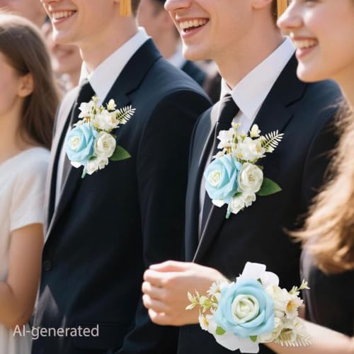 Wrist Corsage and Boutonniere Set, Artificial Rose Corsage Wristlet and Boutonniere for Wedding Prom Party (Light Blue 1 Boutonniere&1 Wrist Corsage) - color: Light Blue 1 Boutonniere&1 Wrist Corsage