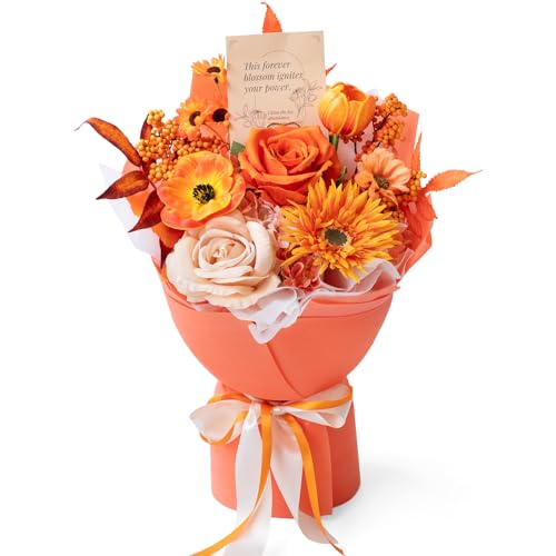 TINGE TIME Preserved Flowers Bouquet, Sunflower and Rose Bouquets, Orange Artificial Flowers Bouquet for Table Centerpiece Mothers Day Gifts Birthday Gifts Wedding Anniversary Housewarming - color: Brunt Orange