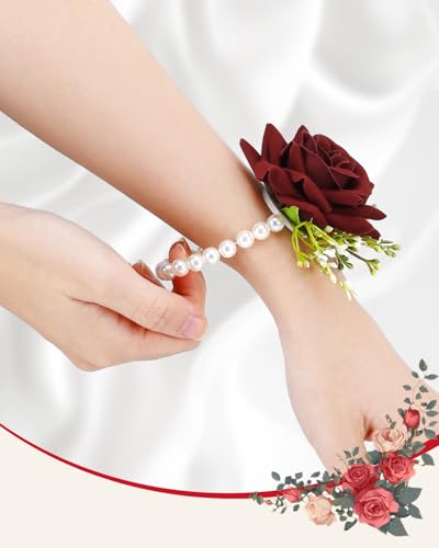 eZAKKA 2Pcs Wristlet Corsage and Boutonniere Set, Red Rose Boutonniere for Men, Flower Wrist Corsage Bracelets Decorations for Wedding Party Prom Suit - color: Red