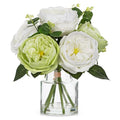 Hollyone Green Peonies Artificial Flowers in Vase Real Touch Flowers Arrangements Fake Peony with Glass Vase Silk David Austin Roses Flower with Clear Faux Water Bouquet Table Centerpiece Home Decor - color: Green and White