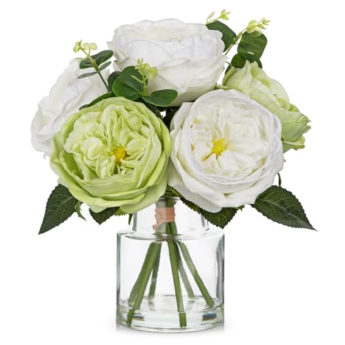 Hollyone Green Peonies Artificial Flowers in Vase Real Touch Flowers Arrangements Fake Peony with Glass Vase Silk David Austin Roses Flower with Clear Faux Water Bouquet Table Centerpiece Home Decor - color: Green and White