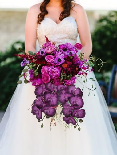 IPOPU Dark Purple Orchid Artificial Flowers 34.3" Real Touch Fake Orchid Latex Purple Flowers Phalaenopsis Branches for Home Party Wedding Bridal Shower Decoration, 2pcs Dark Purple - color: Dark Purple