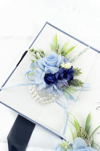 2 Pcs Wrist Corsage and Boutonniere Set, Blue Corsage for Wedding, Boutonniere for Men Artificial Rose Flower Wristlet Bracelet Prom Ceremony Anniversary Accessories Decor Suit - color: Blue