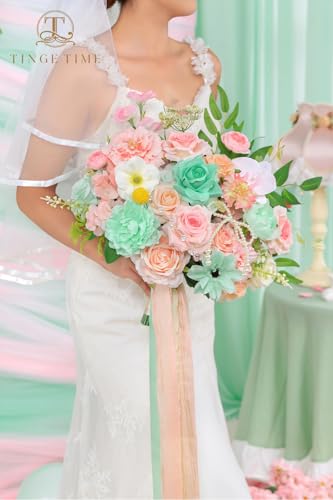 TINGE TIME 13 Inch Wedding Bouquets for Bride,Bridal Bouquet for Bride, Artificial Silk Flowers for Wedding Ceremony and Anniversary (Mint Green & Pink) - color: Mint Green & Pink