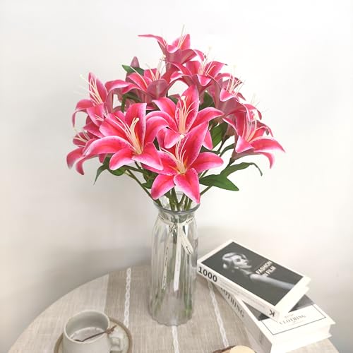 Artificial Lily Flowers,6 Pcs Faux Lily Flowers,23 Inch Long Stem Tiger Lily Branch with 3 Full Blooms and 4 Leaves, Latex Real Touch Lilium Flower for Wedding Bouquet (6, deep Pink) - color: Deep Pink