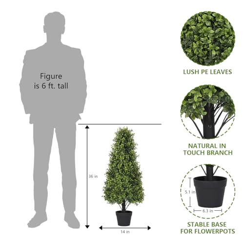 3ft Artificial Boxwood Topiary Trees (Set of 2) - UV Resistant Faux Plants Outdoor, Realistic 36" Fake Cone Bushes and Shrubs for Front Porch, Planter, Patio - Low Maintenance & Evergreen - color: Boxwood Light Green, size: 36in