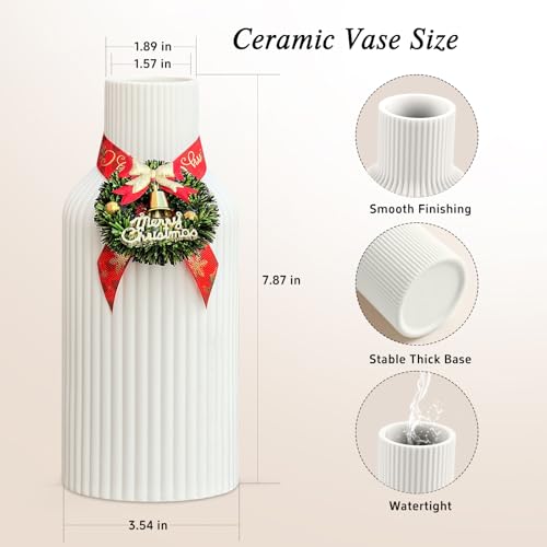 Pure White Ceramic Flower Vase for Christmas, Minimalist Modern Home Decor, Matte Finish Pampas Grass Vase for Table, Fireplace, Shelf, Mantel, Entryway and Centerpieces - color: Pure White, size: 8in