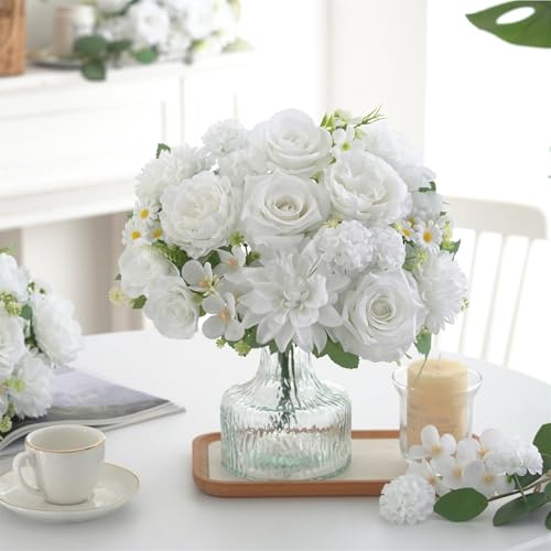 4 Pcs Mixed Artificial Flowers Set, Small Artificial Peony Bouquet Fake Rose Flower Silk Floral Arrangements for Table Centerpiece Home Wedding Party Bridal Decoration(White, 2 Bouquets & 2 Stems) - color: White, size: Mixed 4pcs