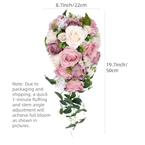 8.7 Inch Cascading Wedding Bouquet for Bride with Artificial Dusty Rose Flower Greenery Rustic Waterfall Cascade Bridal Wedding Bride Bridesmaid Bouquet Dusty Pink - color: Dusty Rose