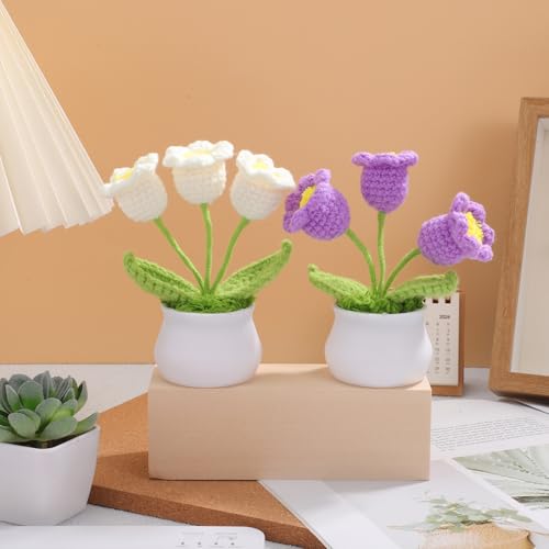 Cabilock Crochet Lily of the Valley Flower Ornaments Handmade Knitted Artificial Flowers for Car Dashboard and Desktop Decoration 2 Pieces 5.11X2.08X2.08 Inches Versatile Home Office Decor