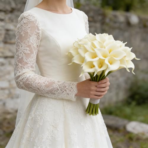 Calla Lily Bridal Wedding Festival Decor Bouquet Real Touch Latex Flower Bouquet Pack of 20 (Off-White) - color: Off-white