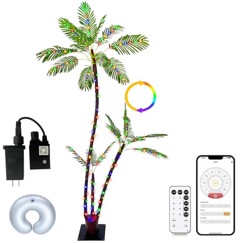 SOSHOT 6FT Lighted Artificial Palm Tree with Three Trunks and 212 LED Lights with Remote Control and App Waterproof for Tiki Bars, Patios,Beaches,Yards Pool, Cruise Party-Warm White to Multicolor - style: 6FT Warm White to Multicolor
