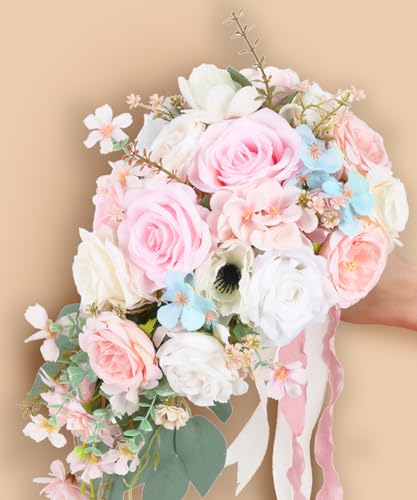 Blush Pink Wedding Bouquets for Bride,10 Inch Fake Cascading Bridal Bouquet Silk Faux Flowers for Ceremony Anniversary Wedding Bridal Shower(Light Pink) - color: Light Pink