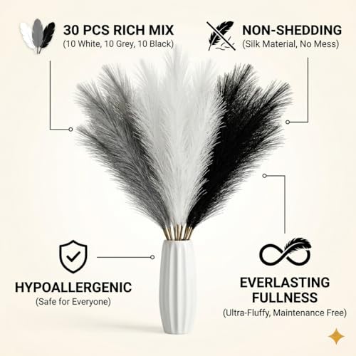 30Pcs Artificial Pampas Grass Decor - 21.7" Fluffy Black White Grey Faux Flowers for Vase, No Shed Boho Room Decor, Wedding Table Centerpieces & Photography Props - size: Black White Grey