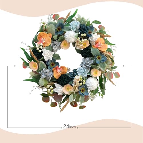 22 Inch Spring/Summer Floral Wreaths for Front Door,Artificial Valentines Day Wreath with Roses Dahlias Gardenias phalaenopsis for Home Wall Window Wedding Party Festival Decor - color: Wreath