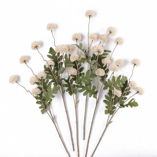 mizii 6Pcs Beige Fake Silk Pompon Mum Artificial Flowers Bulk Small Faux Chrysanthemums with Stems Realistic Floral Decorations for Wedding DIY Bouquet Centerpieces Shower Vase Home Decor (Beige) - color: Beige