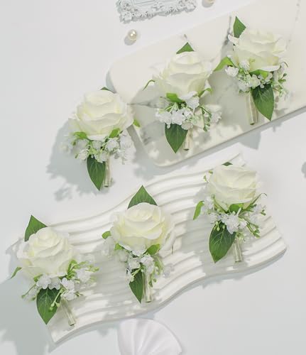 10Pcs Ivory White Rose Men Boutonnieres for Wedding Prom Party | Groomsmen Groom and Man Boutonniere for Wedding Prom, Rose Boutonniere for Men Wedding Ceremony Anniversary Party Homecoming - color: White Boutonniere 10pcs