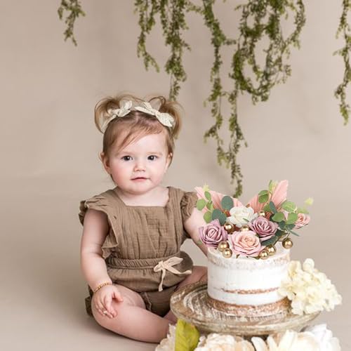 Rsstarxi 22 Pack Rose Artificial Flower Leaves Cake Decorations Gold Balloon Paper Palm Fan Cake Toppers for Happy Mother's Day DIY Wedding Bithday Valentine's Day Party Cake Decorations Supplie - color: Design 2