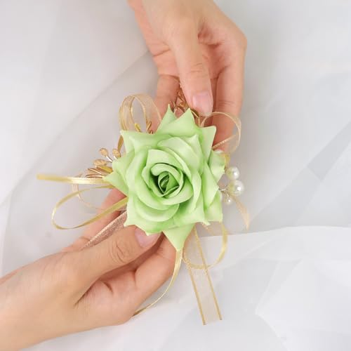 Alizeal 2Pcs of Wrist Corsage and Boutonniere Set, Artificial Flowers Accessories Suit Decor for Wedding Prom Party Homecoming Ceremony, Light Green - color: 701-light Green