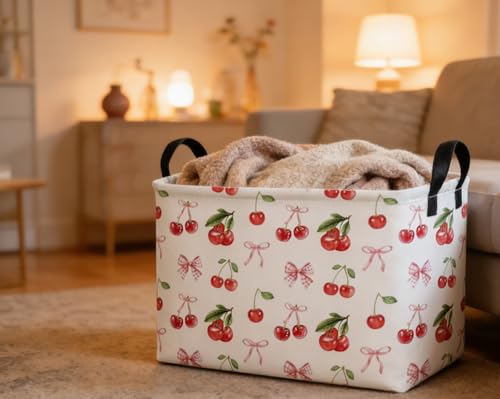 Essme Rectangular Kids Baskets,Cherry Storage Box,Cute Basket for Kids with Handles for Room Decor, Book Bins,Shelf Basket.(Cherry) - color: Cherry