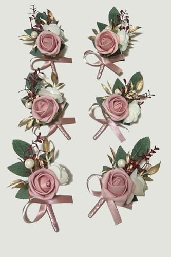 6PCS Pink Boutonniere for Men,Dusty Rose Boutonniere Pins for Men Groomsmen Guest, Artificial Flowers for Wedding Decor Prom Homecoming - color: Dusty Rose