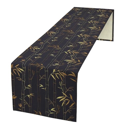 Chinese Bamboo Table Runner Traditional Gold Black Bamboo Art Printed Burlap Runner for Home Kitchen Dining Table Living Room Decor Fabric 1 Panel W13xL36in - color: Bamboo, size: 13"W x 36"H