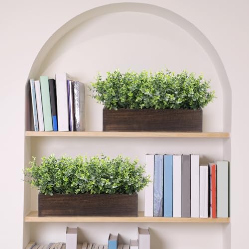Lyrow 2 Pack Artificial Eucalyptus Plant in Rustic Rectangular Wooden Planter Box Greenery Faux Potted Herb Plant for Indoor Wedding Table Centerpiece(Green,16.1 x 3.7 x 8.7 Inches,Retro Style) - color: Brown, size: 16.1 Inch, style: White Frosted Pointed