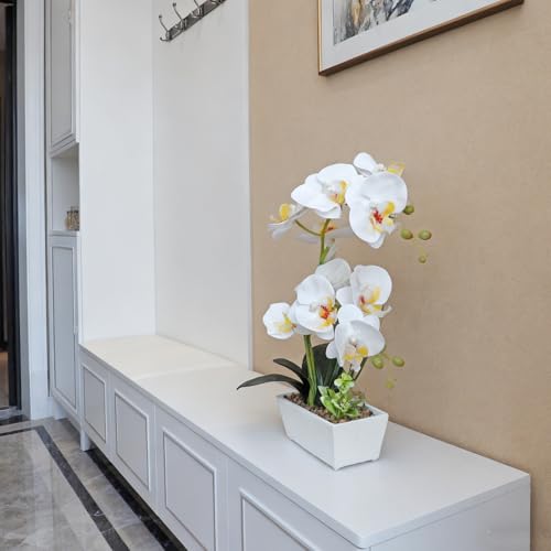 Fake Orchid Realistic Artificial Flowers Real Touch White Orchid Fake Potted Plants For Home Decor Indoor Phalaenopsis Orchids Centerpiece Flower Arrangement Table Decorations For Dining Room Bathroom - color: White With Yellow Cente