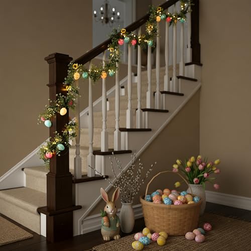 6ft Prelit Easter Garland with Easter Eggs and Flowers, Artificial Spring Greenery Floral Vine for Mantle, Table and Home Decor